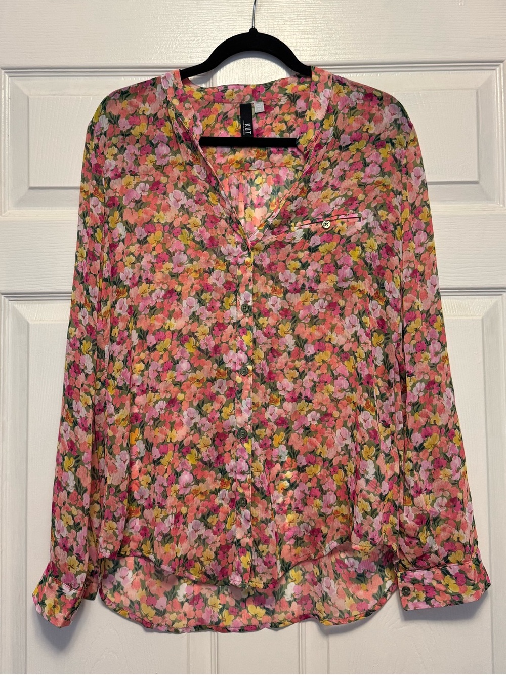 Kut from the Kloth Pink and Yellow Floral Button-Front Blouse